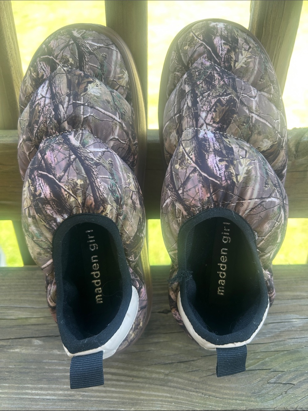 Madden Girl Women’s Camouflage Quilted Slip-On Shoes - Brown/Green